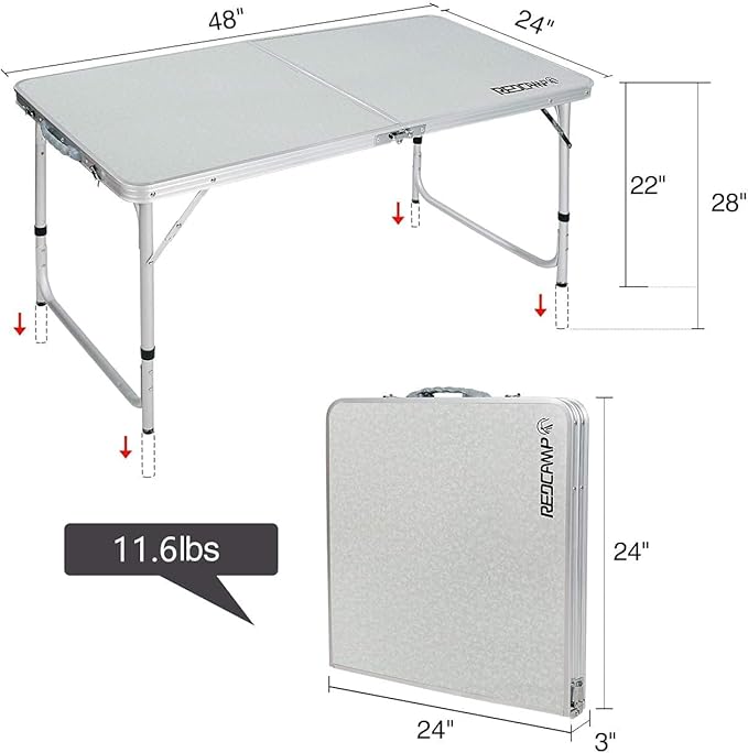 REDCAMP Folding Camping Table4ft Portable Outdoor Folding Table Aluminum Camp Table Adjustable Height Lightweight for Picnic Cooking Beach