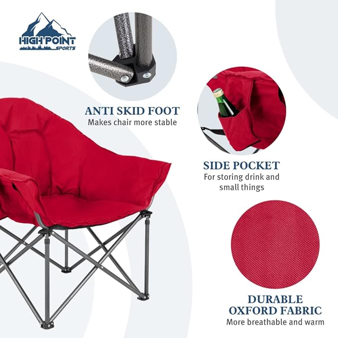 HIGH POINT SPORTS Padded Oversized Folding Camping Chair Portable Moon Saucer Chair Round Outdoor Chair with Cup Holder and Carry Bag for Adults Hiking Camping Fishing Red
