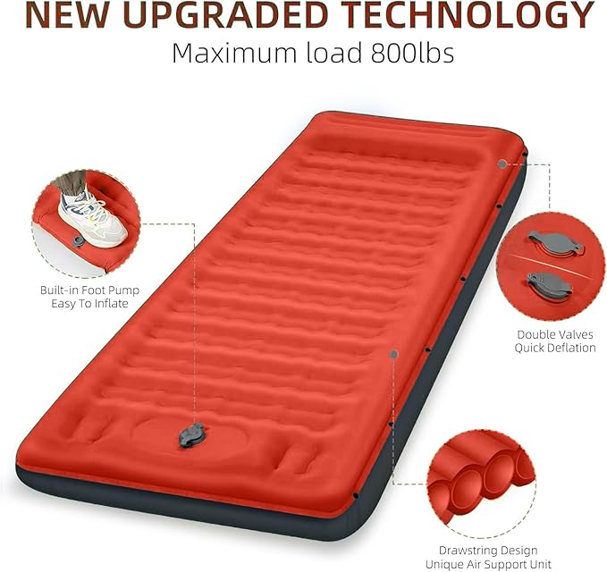 Camping Sleeping Pad Extra Thick 5 Inch Camping Mat with Pillow Built-in Foot Pump Inflatable Sleeping Pads Compact for Camping Backpacking Hiking Traveling Tent（Orange-Black）