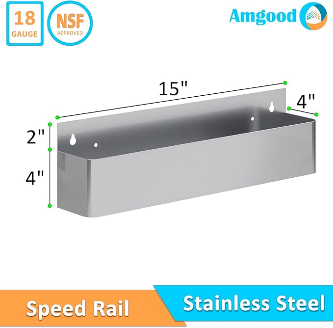 AmGood 15 in. Single Tier Stainless Steel Speed Rail Rack for Commercial Bars NSF