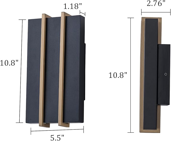Upgraded Modern Outdoor Wall Light Fixture 10.8 Up and Down Outdoor Sconce Lights 15W 3CCT 3000K/4000K/5000K IP54 Waterproof Exterior Wall Sconce Black Metal Frame with Brass Accents