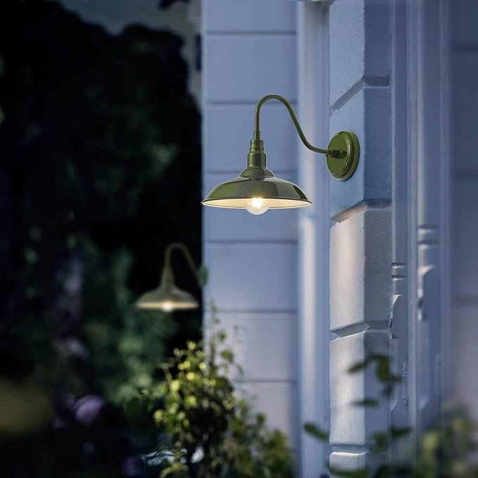 14 Inch Dome Outdoor Gooseneck Barn Lights Olive Green Farmhouse Exterior Wall Lights for Porch 2Pack Patio Barn Style Wall Mount Gooseneck Lighting for House Garage