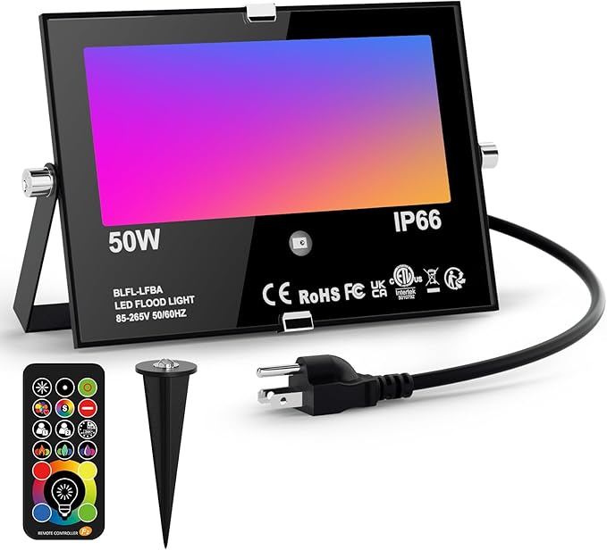 Outdoor LED Flood Light RGB Color Changing 500W Equivalent 2700k WarmWhite 5000LM Spotlight(Remote Control 120 Colors Strobe Dimmable24H Timer US 3-Plug)