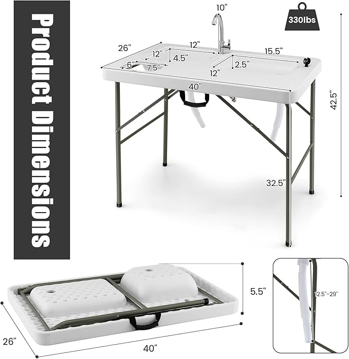 Giantex Fish Cleaning Table w/ 2 Sinks Faucet Hose Hook Up Portable Folding Camping Table w/Measure Mark Outdoor Fillet Cleaning Station for Fishing Beach Picnic (with Water Hose Holder)