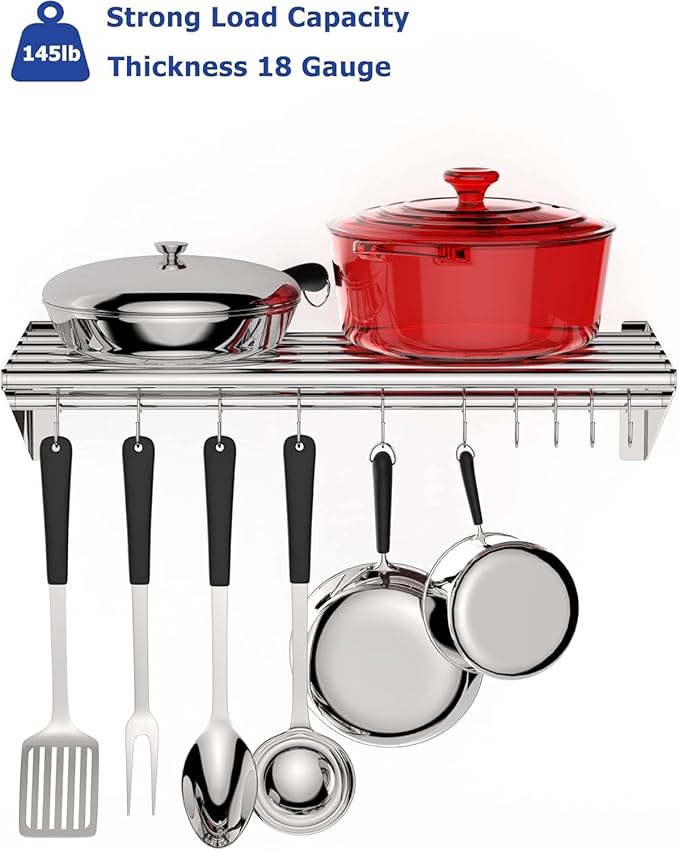 Floating Shelves for Wall NSF Commercial Wall Shelf 12 x 24 Shelf Pot Rack with Backsplash &amp 10 Hooks Stainless Steel Floating Shelves for Hanging Pots Pans Cookware