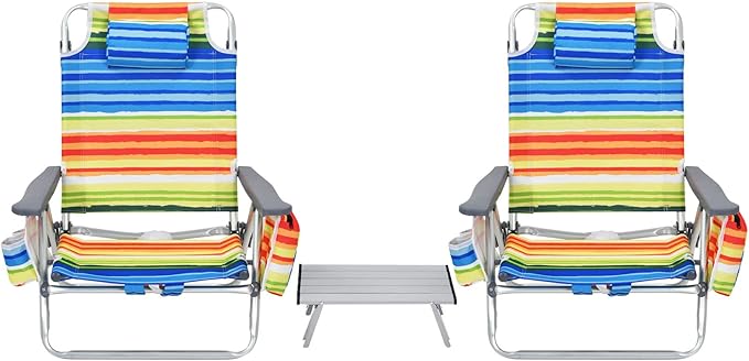 S AFSTAR Folding Beach Chair Set 2 Pack Folding Chair and Aluminum Small Table 5-Position Adjustable Camping Chairs with Ice Bag Comfort Pillow 3 PCS Backpack Recline Beach Chairs (Color Strip)