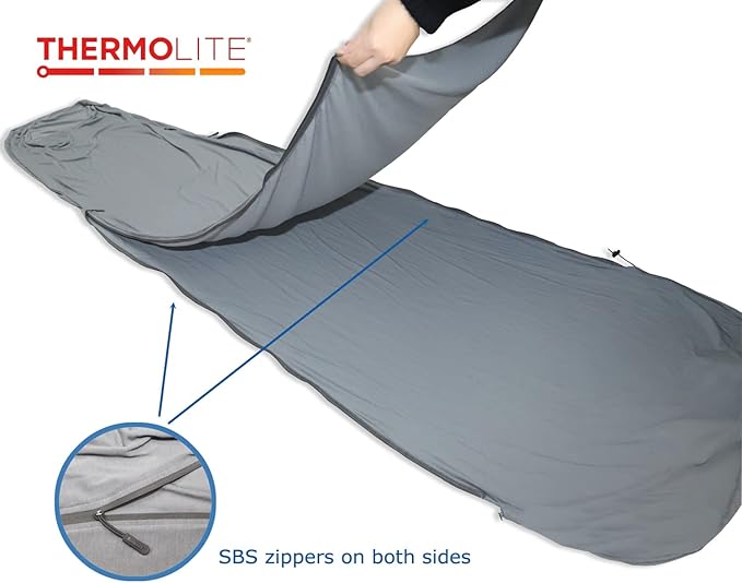 BROWINT Thermolite Sleeping Bag Liner with Zippers for Cold Weather Lightweight Mummy with Hood &amp Rectangular Sleep Sack for Adult Adds Warmth Thermal Travel Liner All Season