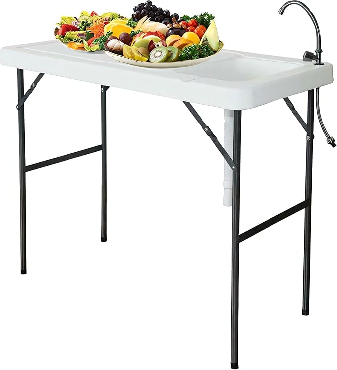 Fishing Cleaning Table with Sink - Portable Folding Camping Sink Table | Fish Fillet Hunting Station with Faucet Ideal for Picnic Gardening &amp Kitchen Use - White