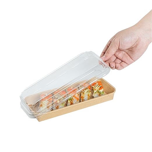 Restaurantware-LIDS ONLY: Matsuri Vision 8.8 x 3.7x 1.2 Inch Lids For Sushi Containers 100 Airtight Lids - Containers Sold Separately No-Fog Design Clear Plastic Dome Lids For Sushi Boxes
