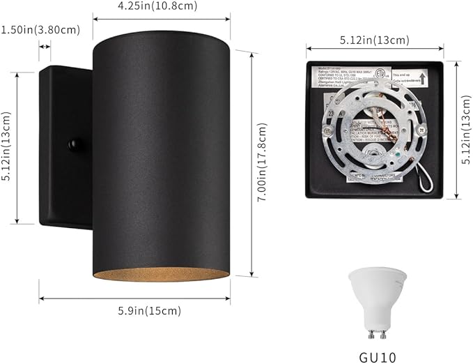 mirrea 7 Modern Outdoor Porch Wall Light with 5W LED GU10 Replaceable Bulbs in Matte Black Aluminum Cylinder Downlight Outside Sconce Pack of 2