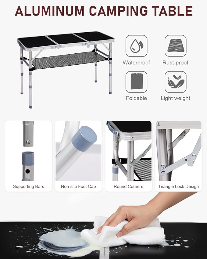 Outvita Folding Table 3FT Aluminum Camping Table with Storage Adjustable Height Picnic Table Lightweight for Carring Outdoor Party Events Beach