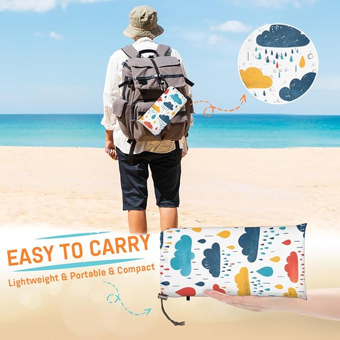 Waterproof Sandproof Beach Blanket 59''×68'' Rainbow Clouds Polyester Outdoor Picnic Blanket with 4 Stakes &amp Storage Bag for BeachCampingVacation Multi-Color