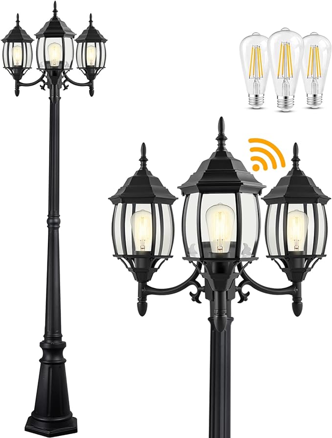 Dusk to Dawn Sensor Outdoor Lamp Post Light 3-Head Classic Black Light Pole with Clear Glass Panels (3 LED Bulbs Included Max.100W) Waterproof Outside Street Light for Backyard Garden Driveway