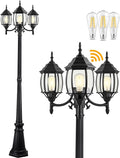 Dusk to Dawn Sensor Outdoor Lamp Post Light 3-Head Classic Black Light Pole with Clear Glass Panels (3 LED Bulbs Included Max.100W) Waterproof Outside Street Light for Backyard Garden Driveway
