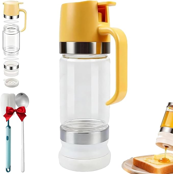 Mess Free Honey Dispenser 10oz Upgrade Syrup Pot Glass Honey Jar with Handle and Stand Leak-Proof Maple Syrup Container Oil &amp Condiment Pump For Coffee Pancakes Waffles (1PCS)