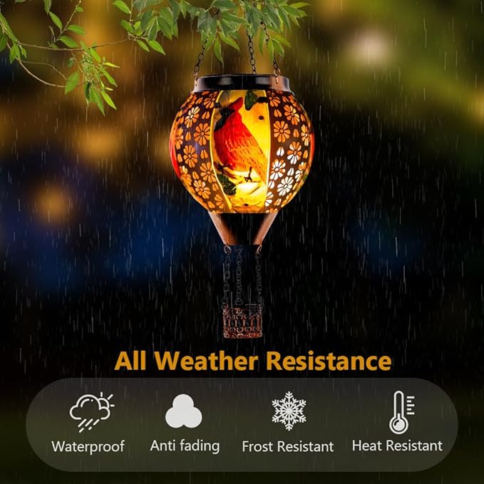 DREAMSOUL Cardinal Hot Air Balloon Solar Lantern Metal Solar Lantern with Flickering Flame Solar Lanterns Outdoor Waterproof for Lawn Patio Decor