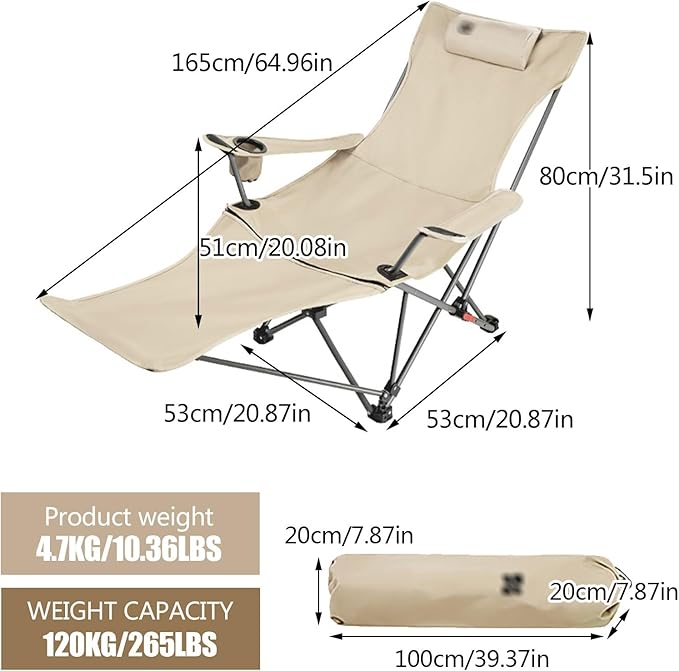 Folding Camping Chair with Armrests Portable Outdoor Lawn Chair with Detachable Headrest Lightweight Fishing Chair for Picnic Beach Lawn Balcony(Beigewith Footstool)