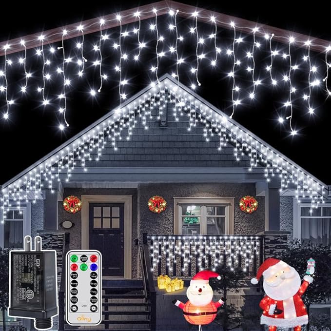 Ollny Icicle Lights for Outside 504LED 41FT Cool White Christmas Light with Remote 8Modes Timers Waterproof Plug in Connectable Hanging Lights for Outdoor Indoor House Roof Holiday