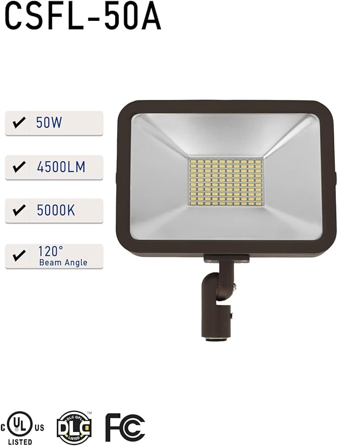CEA LED Flood Light 50w 4500LM 5000K Daylight White lP 65 Waterproof UL Listed Knuckle MountingOutdoor Lights for HouseBackyard Lights Outdoor Patio (Brown)