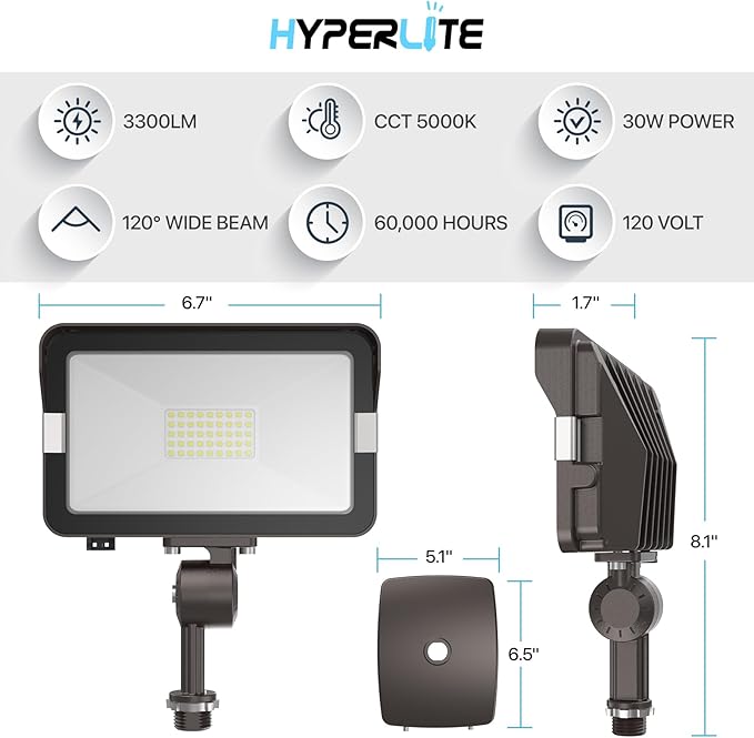 HYPERLITE 30W Flood Lights Outdoor 2 Pack LED Flood Light with Knuckle Mount Floodlight Wall Mount 5000K 3300Lm IP65 Waterproof LED Security Lights for Yard Garden Garage UL Listed