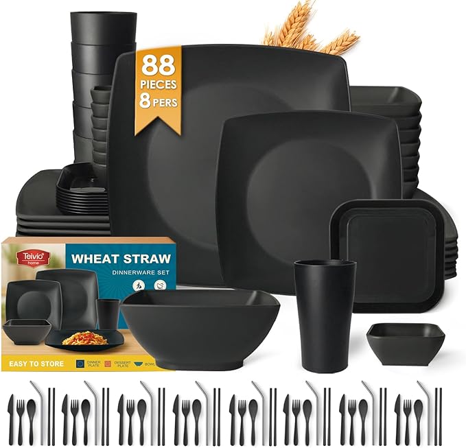 Teivio 88-piece With Flatware Plastic Kitchen Wheat Straw Square Dinnerware Set for 8 Unbreakable Dinner/Salad/Appetizer Plates Snack Bowls Dipping Sauce CupsTumblers Dishwasher Safe DishBlack ﻿