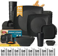 Teivio 88-piece With Flatware Plastic Kitchen Wheat Straw Square Dinnerware Set for 8 Unbreakable Dinner/Salad/Appetizer Plates Snack Bowls Dipping Sauce CupsTumblers Dishwasher Safe DishBlack ﻿