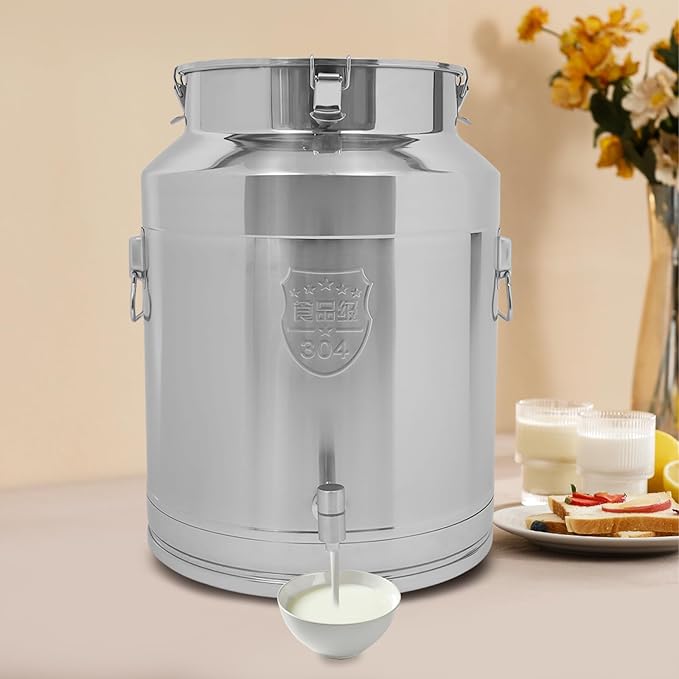 Stainless Steel Milk Can 64L/16.9Gal Metal Drink Dispenser Airtight Canister with Faucet &amp Lid Wine Oil Beverage Storage Container Bucket for Kitchen Restaurant Party W15.8*H21.3in