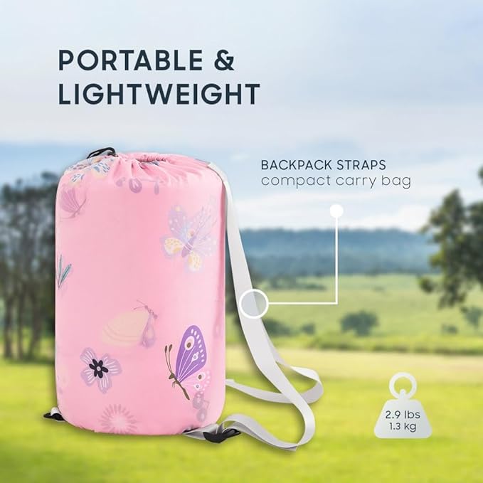 Wake In Cloud - Kids Sleeping Bag for Girls Toddlers Camping in Warm Cold Weather Backpacking Lightweight Compact Outdoor Liner for 3 Seasons Butterfly Garden Flowers
