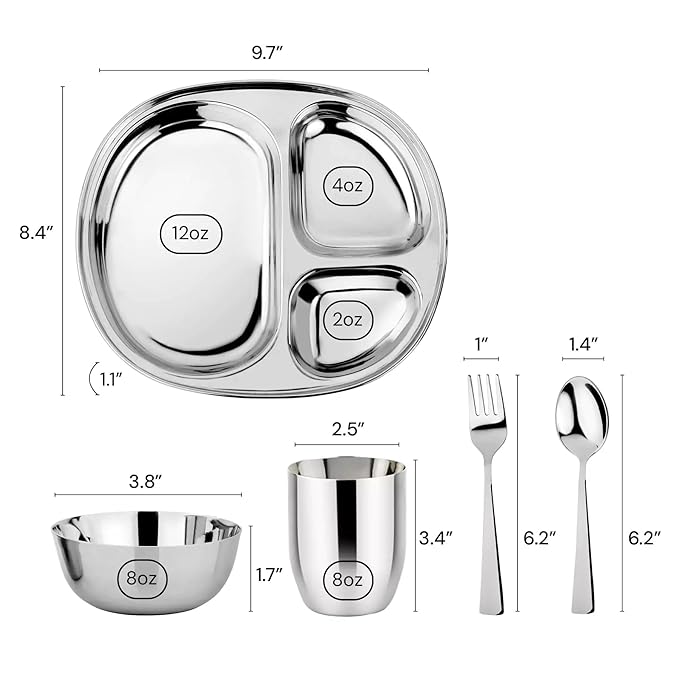 Ahimsa Stainless Steel Kids Dinnerware Set Pediatrician Designed 5 Piece Toddler Plates and Bowls Set Stainless Steel Divided Plate Cup and Kids Utensils
