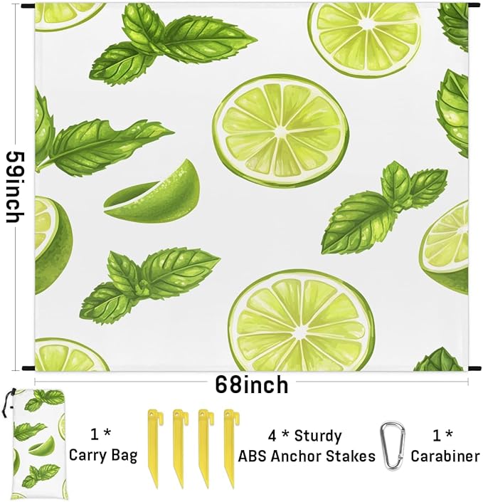Waterproof Sandproof Beach Blanket 59''×68'' Mint Lemon Polyester Outdoor Picnic Blanket with 4 Stakes &amp Storage Bag for BeachCampingVacation White