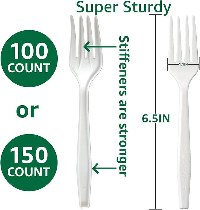 100% Compostable No Plastic Knives Forks Spoons Utensils The Heavyweight Heavy Duty Flatware is Eco Friendly Products for Lounge Party Wedding BBQ Picnic Camping.