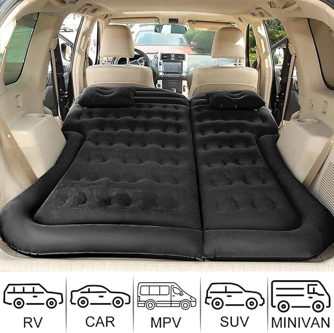 Vikuces® SUV Air Mattress Car Camping Travel Bed Car Air Mattress Back Seat BedThickened Inflatable Mattress with Two Air Pillow Full Size Blow Up Sleeping Pad(Black)