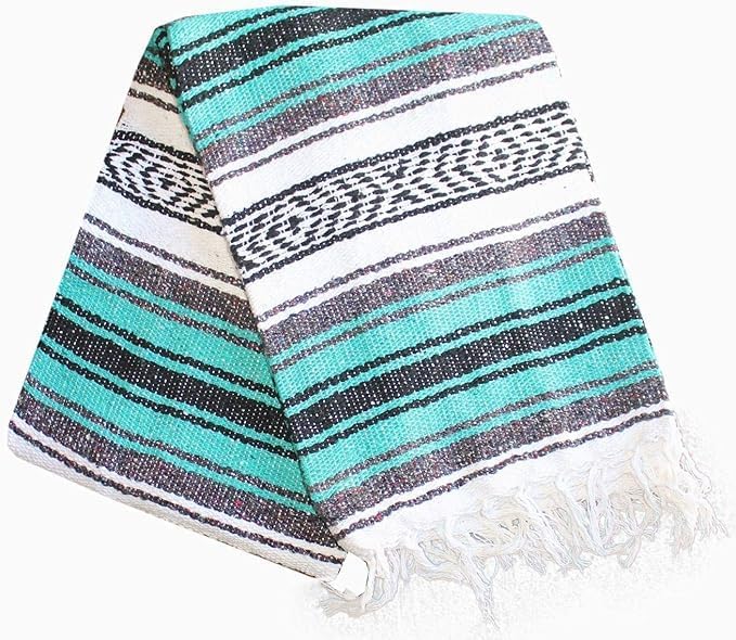 Del Mex Classic Mexican Blanket Large Authentic Woven Falsa Throw (70x50) Artisan Southwest Décor for Beach Yoga Outdoors (Teal)