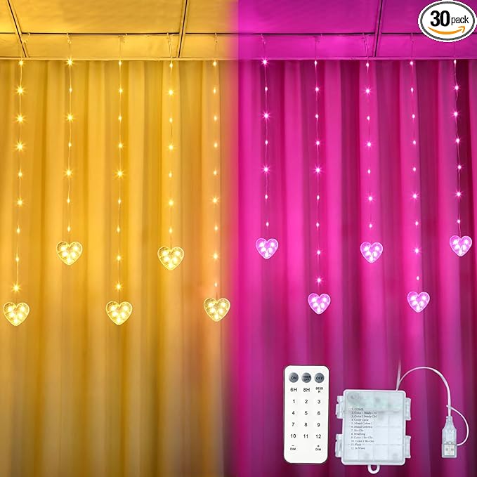 Heart Curtain Lights Battery Operated Valentines Day Decor 10ft x 3.3ft Warm White &amp Multicolor Twinkle Fairy String Lights Curtain Timer &amp IR Remote for Indoor Outdoor Christmas Decor