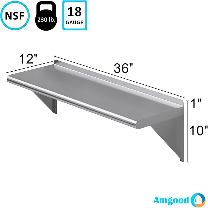 AmGood 12 X 36 Stainless Steel Wall Shelf | NSF | Metal Shelving | Garage Laundry Storage Utility Room | Restaurant Commercial Kitchen
