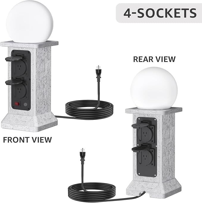 uuffoo Pathway Lights with Outdoor Outlet 4-Socket Marble Look Weatherproof Plug Cover with LED Ball Light Dusk-to-Dawn Sensor 3M Cord Landscape Lighting for Patio Garden Walkway Driveway Decor