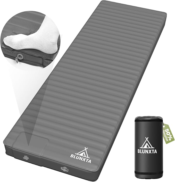 Self Inflating Sleeping Pad with Foot Pump 2 Inch Thick Memory Foam Camping Pad Quick Inflation Air Mattress for Camping Hiking Car Travel and Outdoor Adventures Grey