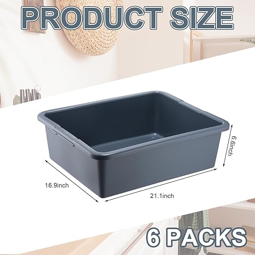 6 Pcs Commercial Bus Tubs 21.1 L x 16.9 w x 6.6 h Large Plastic Tubs Heavy Duty Wash Basin Tote Box for Restaurant Home Hotel Kitchen Organization Storage(Gray)