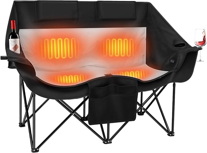 Heated Double Camping ChairDual Control SwitchesHeated Camping Chair with 3 Heat Levels Heated Folding Chair Supports 550 lbs for Outdoor Sports Lawn Picnics