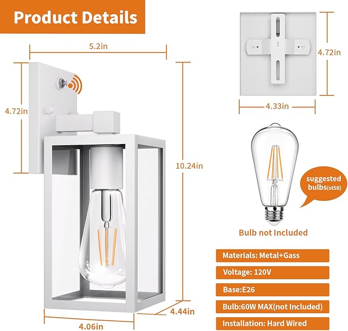 2 Pack White Dusk to Dawn Front Porch Lighting Fixtures Wall Mount Sensor Outside Exterior Lights for House Outdoor Lantern Lamp Waterproof Wall Sconce Lights Coach Light for Garage Entryway