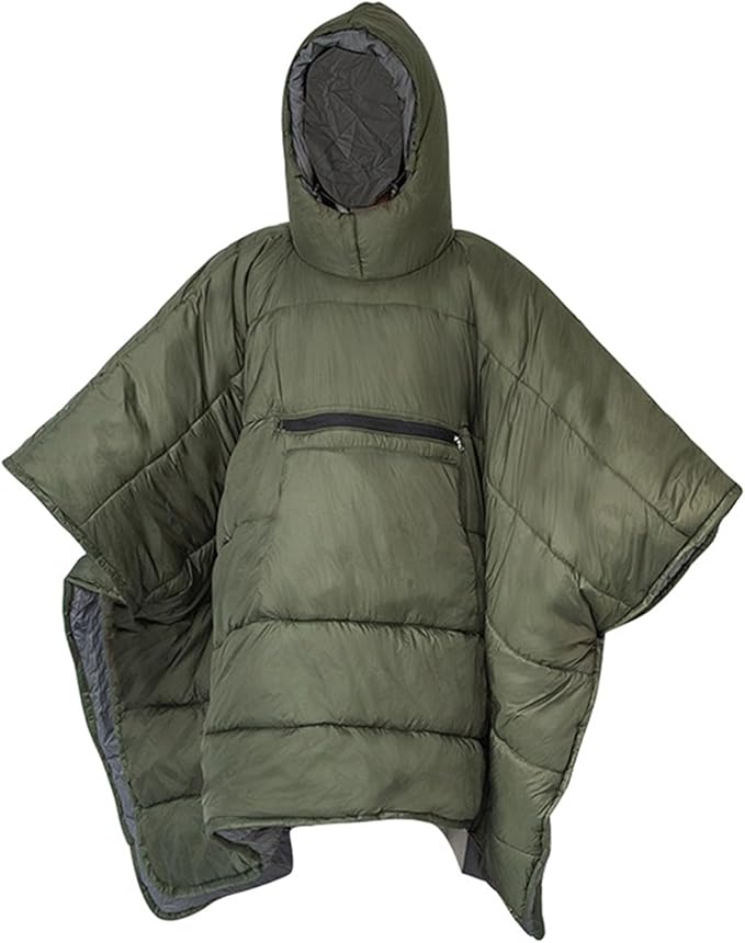 Portable Self-Folding Cotton Blanket Camping Warm Poncho Sleep Bag Outdoor Warm Wearable Cloak with Large Pockets