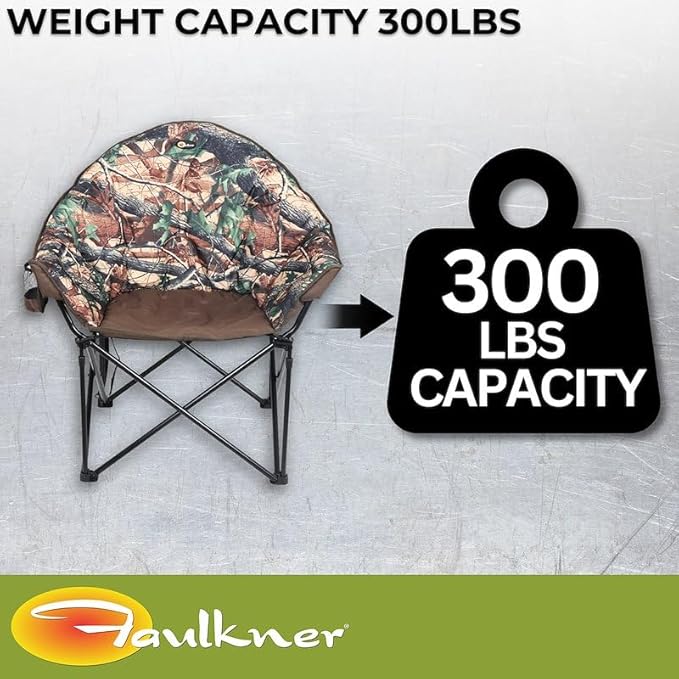 Faulkner Big Dog Bucket Chair Camouflage Foldable Oversized Camping Chair with Cup Holder and Carry Bag 300 lb Capacity Padded Steel Frame 34.3 Inches Wide