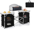 GYMAX Folding Camping Table Portable Kitchen Table with 2 Zipper Organizer Shelf &amp Wind Screen Foldable Cooking Table for Camping Hiking Picnic BBQ (Black)