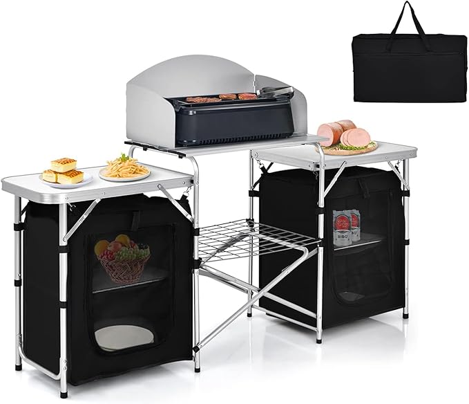 GYMAX Folding Camping Table Portable Kitchen Table with 2 Zipper Organizer Shelf &amp Wind Screen Foldable Cooking Table for Camping Hiking Picnic BBQ (Black)