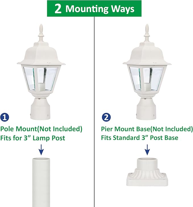 LIT-PaTH Outdoor Post Lighting Fixture Pole Lantern E26 Medium Base Max 60W Aluminum Housing Plus Clear Glass Bulb Not Included Matte White Finish 1-Pack