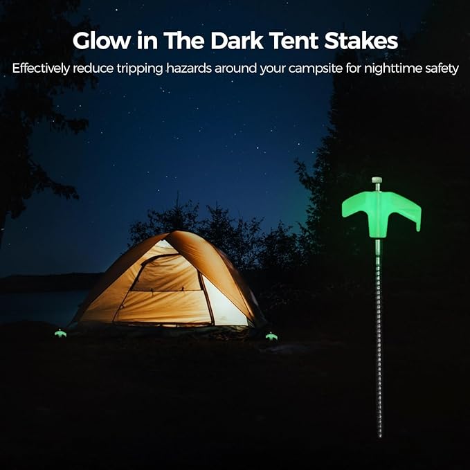20-Pack Metal Tent Stakes with Glow-in-The-Dark Function Heavy-Duty Ground Spikes Hexagonal Drive Tool and Storage Box