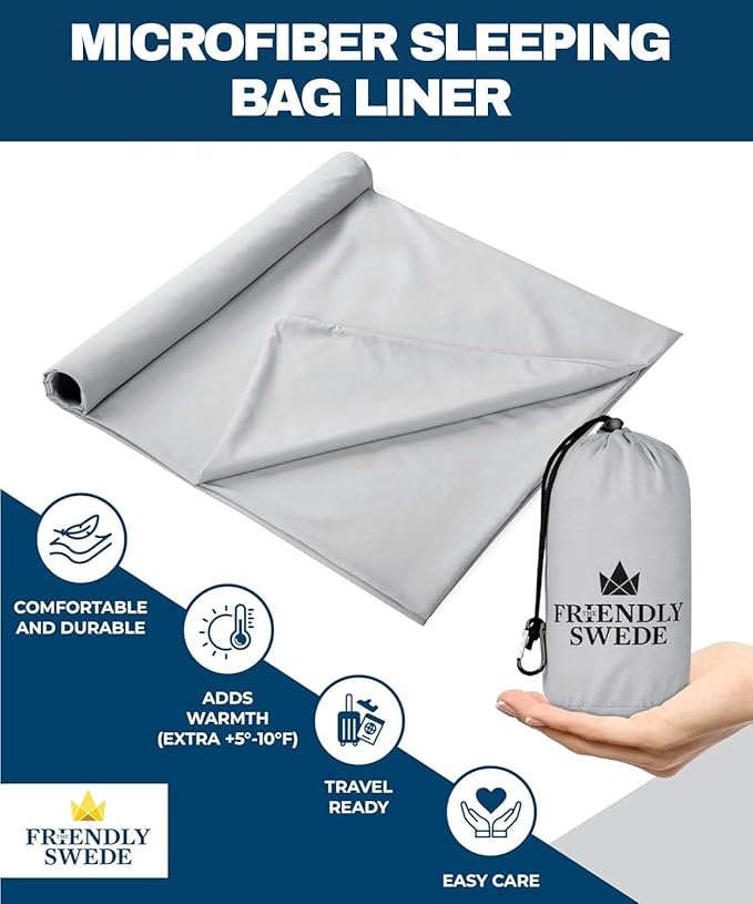 The Friendly Swede Sleeping Bag Liner — Ultralight Polyester or Cold Weather Microfiber Adult Sleep Sack- Camping Sheets - Travel Sleeping Bag with Pocket-Size Stuff Sack