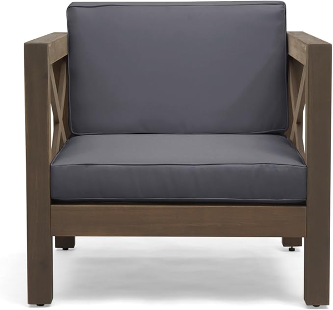 Mid-Century Modern Outdoor Club Chair with Acacia Wood Frame and Water-Resistant Cushions for Patio Garden Backyard Seating (Gray)
