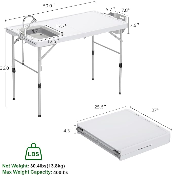 Allpop Fold-in-Half Fish Cleaning Table with Sink &amp Carrying Bag 50'' Portable Folding Camping Fish Station with Drainage Hose Faucet Sprayer Storage Box &amp Grooves for Picnic White