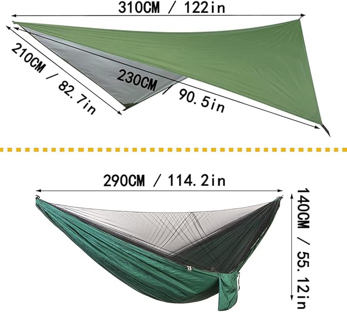 Portable Single Double Nylon High Strength Parachute Hammock Rainfly Set Camping Hammock with Rain Fly Tarp and Mosquito Net Tent Tree Straps Backpacking Hiking Travel Yard Outdoor Activities